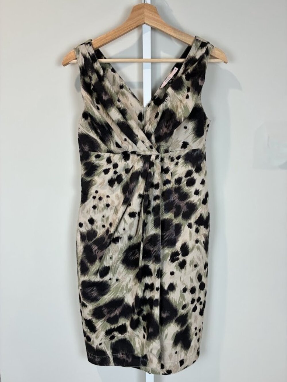 R.E.D. Valentino Leopard Animal Print Ruched V-Neck Cotton Sheath Dress IT 40 US